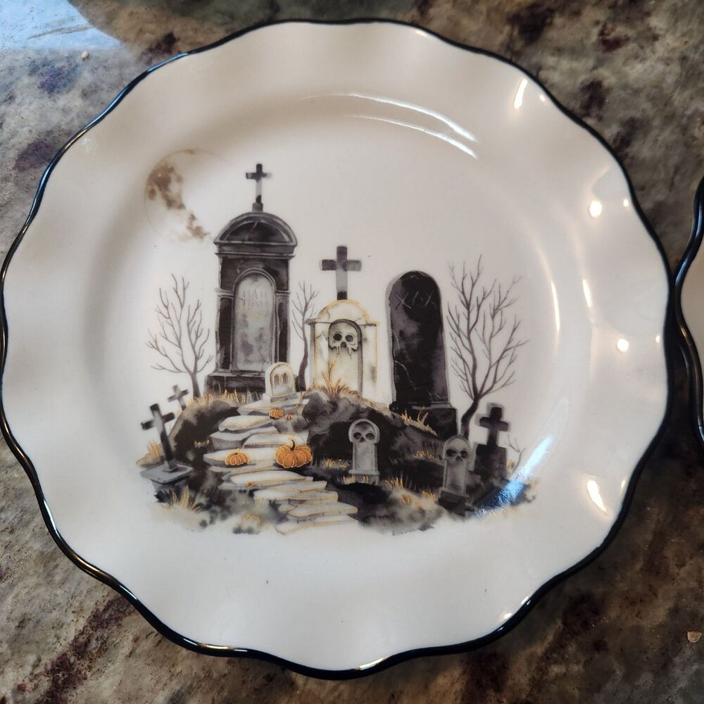 Potter's Studio Halloween Graveyard Scalloped Plates - 2 Dinner & 2 Salad plates - Picture 3 of 8